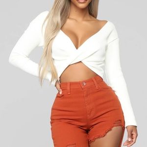 White cotton twist tie long sleeve crop top